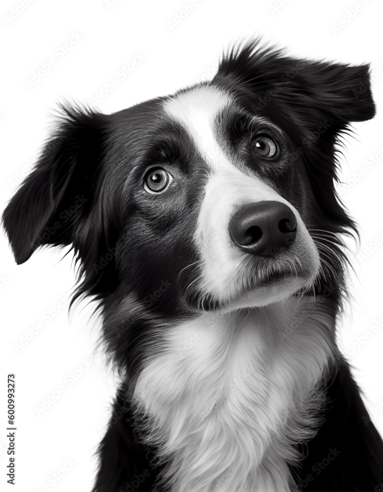 Studio headshot portrait of black and white dog on transparent background, created with generative AI