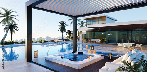 3D illustration of Luxury whirlpool on private deck with pergola