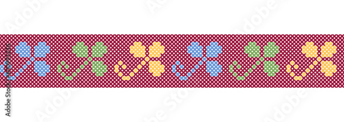 Clover trefoil colorful leaves. Vector geometric border pattern, ornament for textile or fabric. Pixel art, vyshyvanka, cross stitch. Ukrainian folk, ethnic colorful border pattern