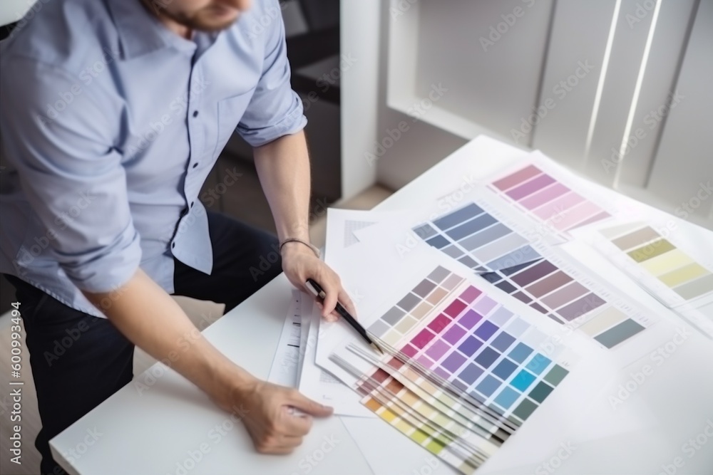 woman sample color palette selection choice design project designer swatch interior. Generative AI. woman sample color palette selection choice design project designer swatch interior. Generative AI.