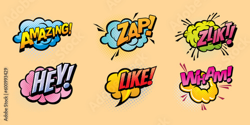 Comic speech bubble with expression text Wow! Vector , stars and clouds. Vector bright dynamic cartoon illustration in retro pop art style background