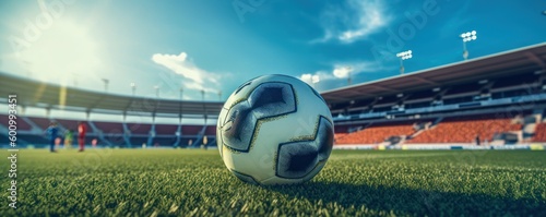 Ball on green field soccer stadium background. Generative AI © CYBERUSS