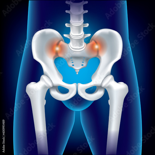 Close Up Human pelvis or Hip bone and Head Femur- 3D medical illustration- X ray blue film- Healthcare- Human Anatomy and Medical concept-Isolated on blue background.Illustration of a painful hip join