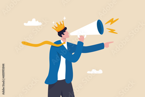 Big boss or company president, CEO or chief executive officer, employer, leadership or manager, bossy management concept, furious businessman boss shouting on megaphone while pointing direction.