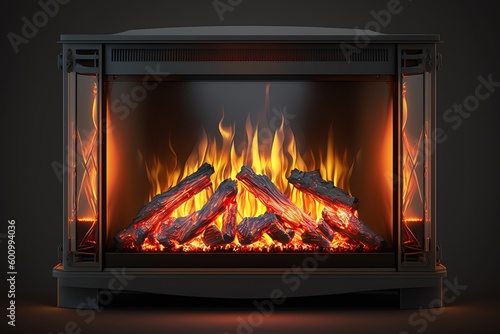 Electric fireplace. Artificial fireplace with burning fire. Modern heating system. Generative AI
