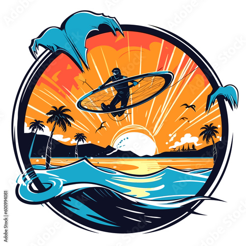 Kiteboarding rider sportsman jumps high acrobatics. Recreational activity and extreme active water sports. cartoon vector illustration, label, sticker