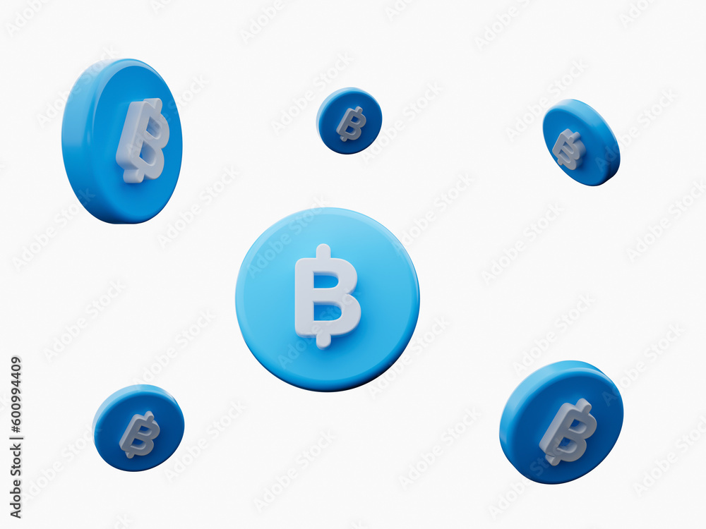 3d Six White Thailand Baht Symbols With Rounded Blue Icons Flying In The Air, 3d illustration 3d Six White Thailand Baht Symbols With Rounded Blue Icons Flying In The Air, 3d illustration