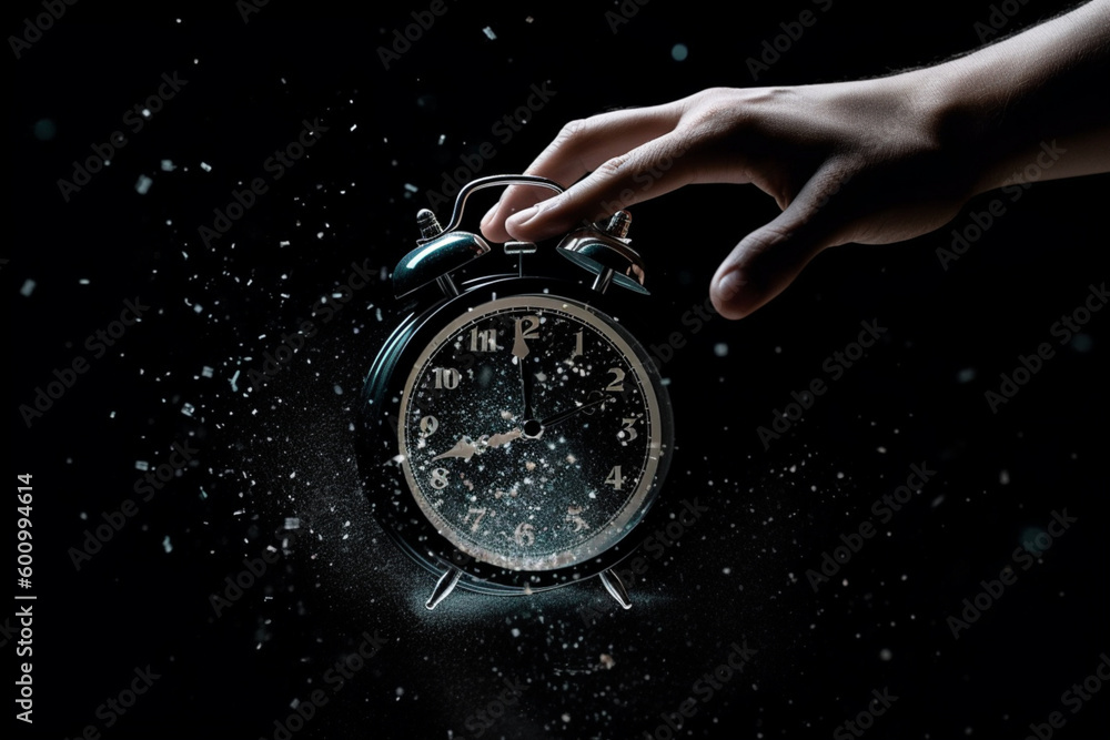Concept of passing away, the clock breaks down into pieces. Hand