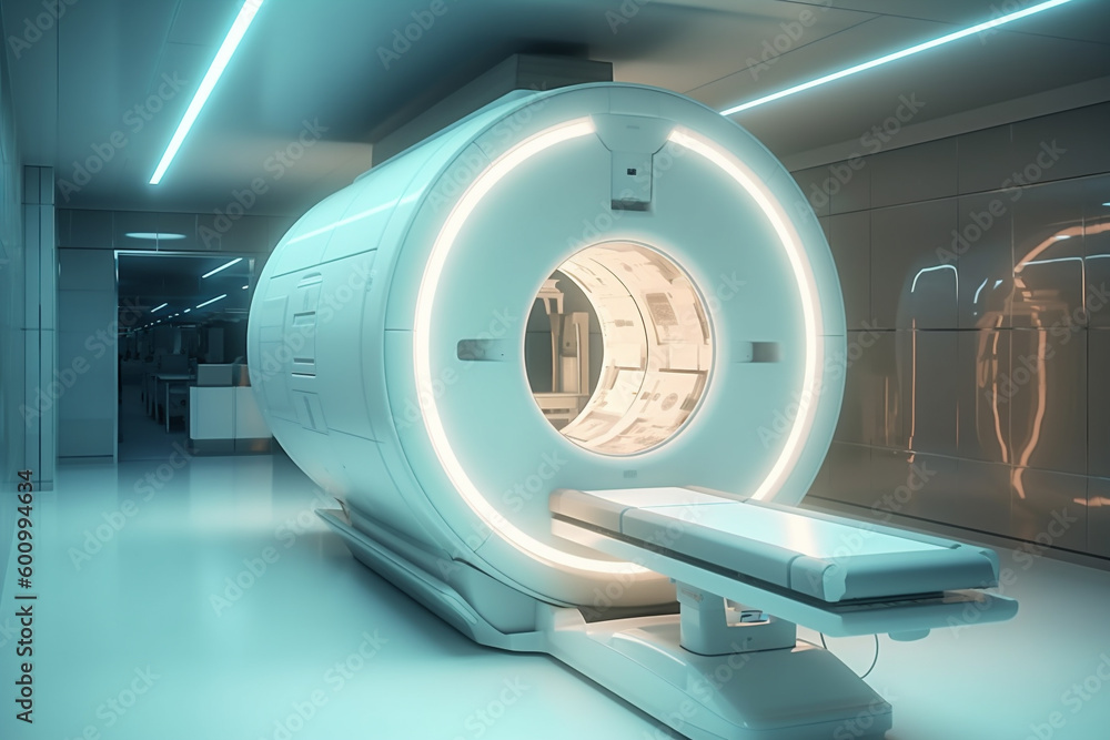 Magnetic resonance imaging scan in hospital, MRI, medical equipment. Generative AI. Magnetic resonance imaging scan in hospital, MRI, medical equipment. Generative AI.