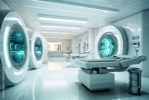 Magnetic resonance imaging scan in hospital, MRI,  medical equipment. Generative AI.