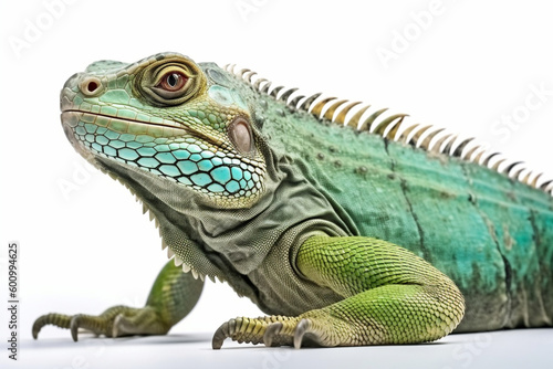 Four years old green iguana on white background  Generative AI