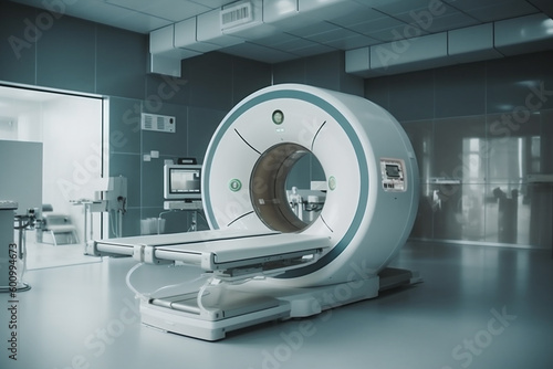 Magnetic resonance imaging scan in hospital, MRI, medical equipment. Generative AI.