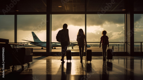 Happy family with suitcases walking through the airport terminal towards their gate, ready for their next adventure. Generative AI