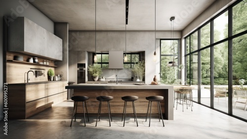 Wallpaper Mural Large bright living room with a kitchen, marble elements, a large number of chairs, large windows, a view of the garden from the windows. Generative AI Torontodigital.ca