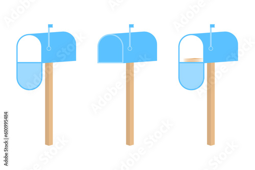 Set of mailboxes: empty, closed, with post. Flat blue postal service items. Cartoon vector illustration postal service item