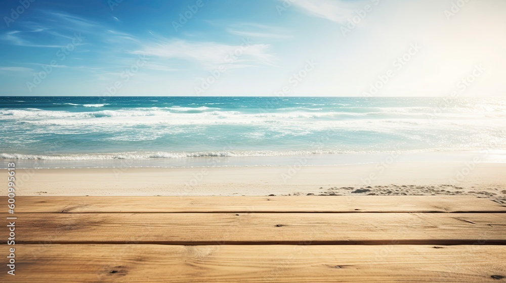 Fototapeta premium Wooden table, background with sunlight and sea in the background with copy space.