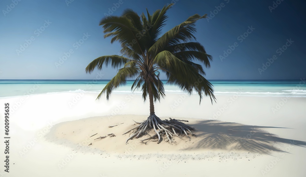 Palm tree on white sand beach from Generative AI