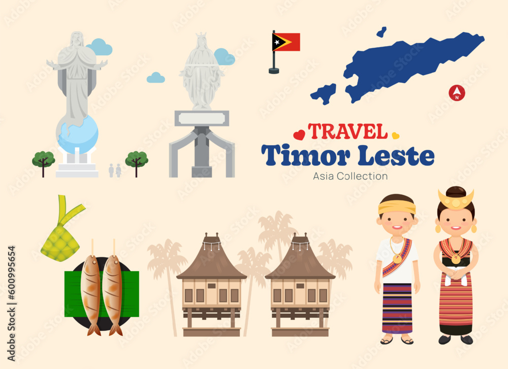 Travel Timor Leste flat icons set. Timor Leste element icon map and landmarks symbols and objects collection. Vector Illustration