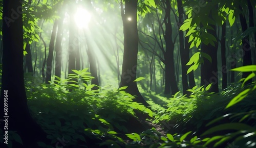 Sun glowing on forest through leaves from Generative AI