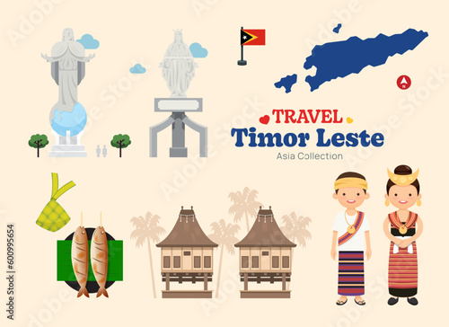 Travel Timor Leste flat icons set. Timor Leste element icon map and landmarks symbols and objects collection. Vector Illustration