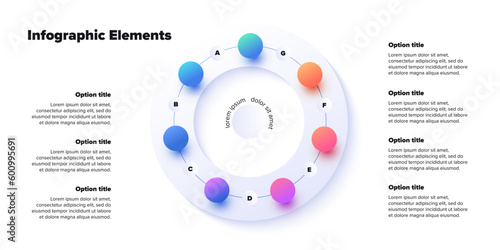 Business process chart infographics with 7 step spheres. Round workflow graphic elements. Company flowchart presentation slide. Vector info graphic in isometric design
