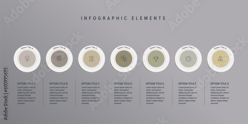 Business process chart infographics with 7 step circles. Round workflow graphic elements. Company flowchart presentation slide. Vector info graphic in flat design