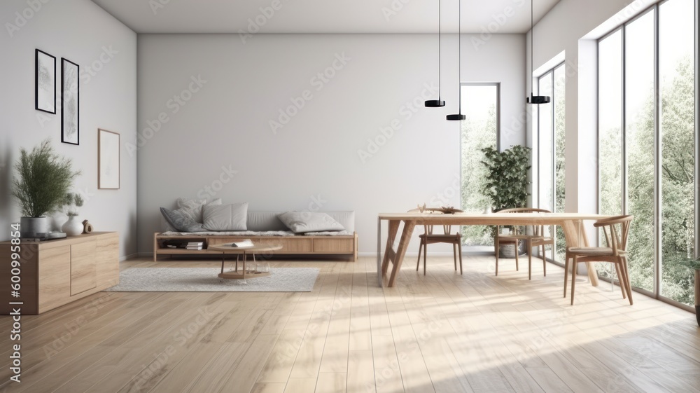 Fototapeta premium Minimalism interior of a large bright living room, light walls, wooden furniture, large windows Generative AI