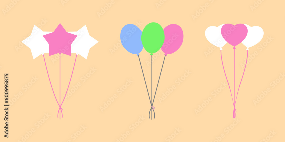 Set of balloons isolated. Flying decoration in form of balls, hearts, stars. Cartoon clip art for party. Flat elements of decor. Vector illustration