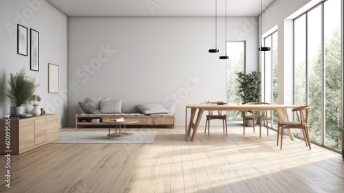 Minimalism interior of a large bright living room  light walls  wooden furniture  large windows Generative AI