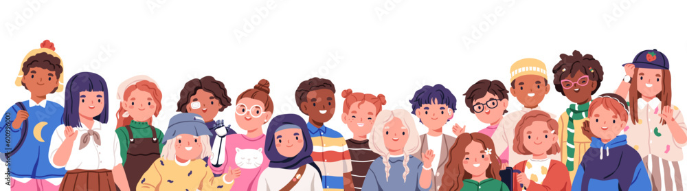 Happy international children, inclusive kindergarten group. Diverse cute kids with disabilities, multi ethnic little girls and boys team. Flat graphic vector illustration isolated on white background Happy international children, inclusive kindergarten group. Diverse cute kids with disabilities, multi ethnic little girls and boys team. Flat graphic vector illustration isolated on white background