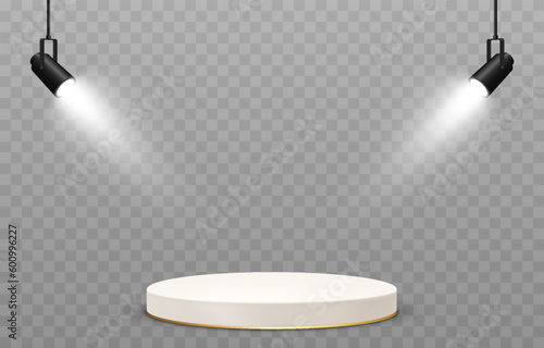 Vector podium illuminated by spotlights. Podium png, spotlights png. Light sources, spotlights illuminate the pedestal, the stage. Light effect.