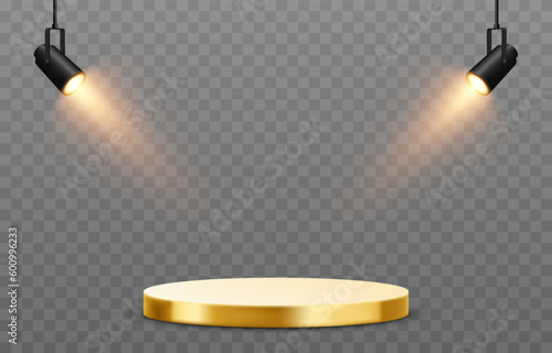 Vector podium illuminated by spotlights. Podium png, spotlights png. Light sources, spotlights illuminate the pedestal, the stage. Light effect.