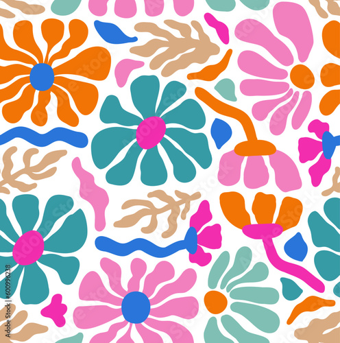 60s 70s Hippie Flowers colorful seamless pattern for fabric, decor, backgrounds, wallpaper, decoration. Vector tile. Vector illustration