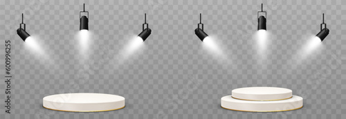 Set of vector podiums illuminated by spotlights. Podium png, spotlights png. Light sources, spotlights illuminate the pedestal, the stage. Light effect.