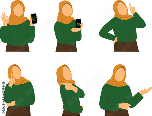 Hijab woman in different poses and gestures. Vector illustration.