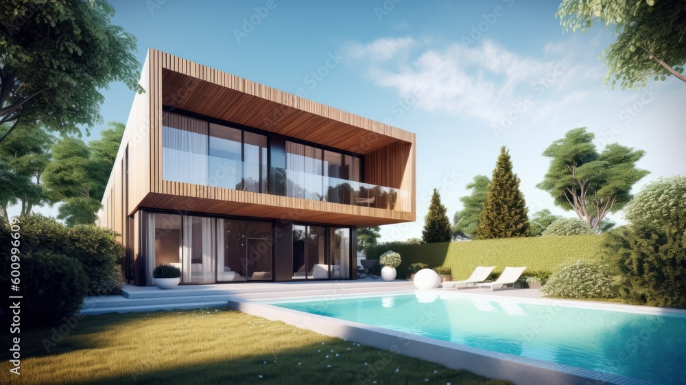 Backyard of a modern country house with a swimming pool. House outside the city. Space for text Generative AI
