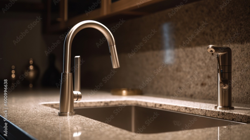 Water faucet with sink in the kitchen marble finish, modern kitchen interior design Generative AI Water faucet with sink in the kitchen marble finish, modern kitchen interior design Generative AI