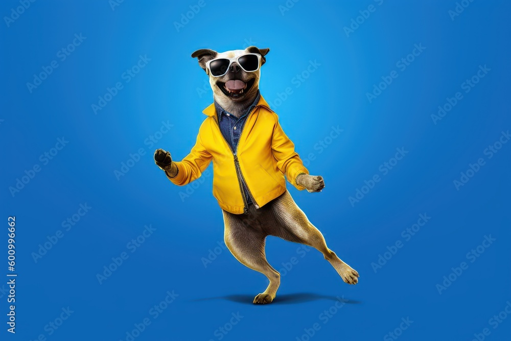 Obraz premium Cute Dog with sunglasses dancing isolated on blue background. Generative AI