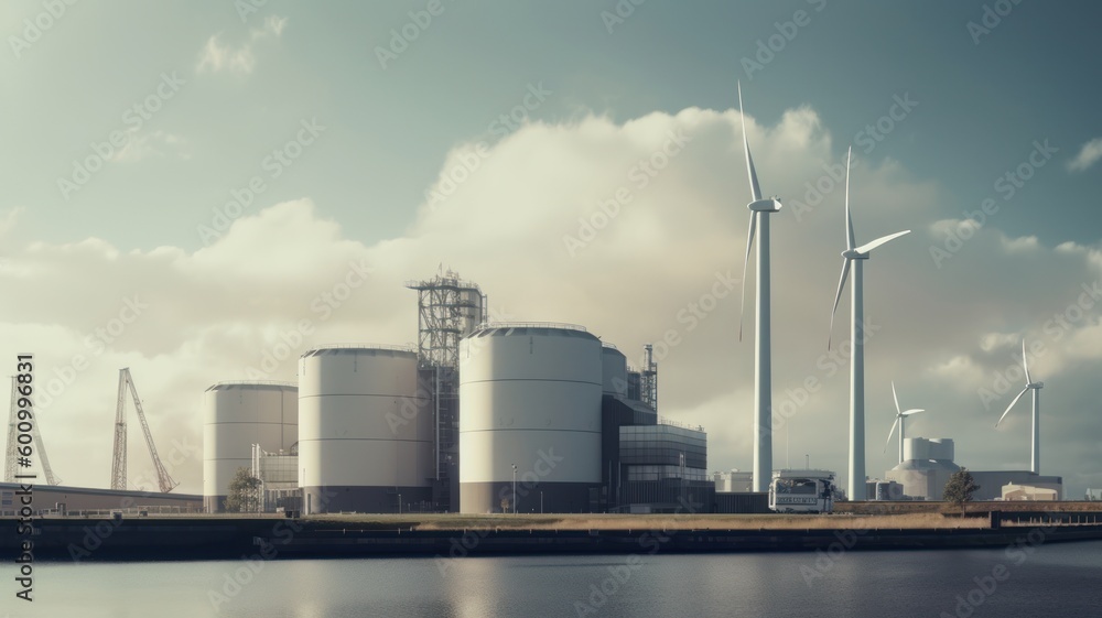 Modern power plant with wind generators, large power units. Generative AI