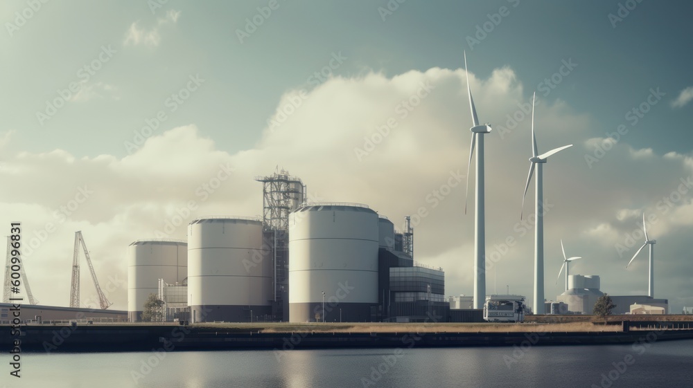 Modern power plant with wind generators, large power units. Generative AI Modern power plant with wind generators, large power units. Generative AI