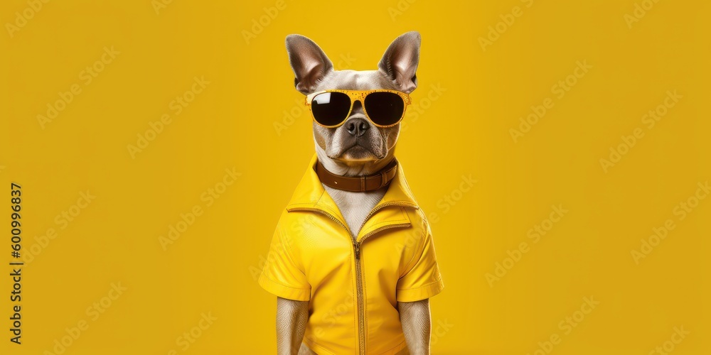 Dog wearing sunglasses isolated on yellow background. Generative AI