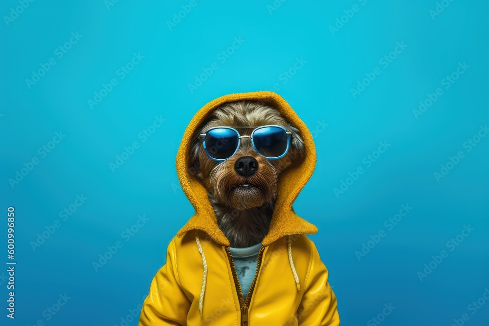 Fototapeta premium Dog wearing sunglasses isolated on blue background. Generative AI