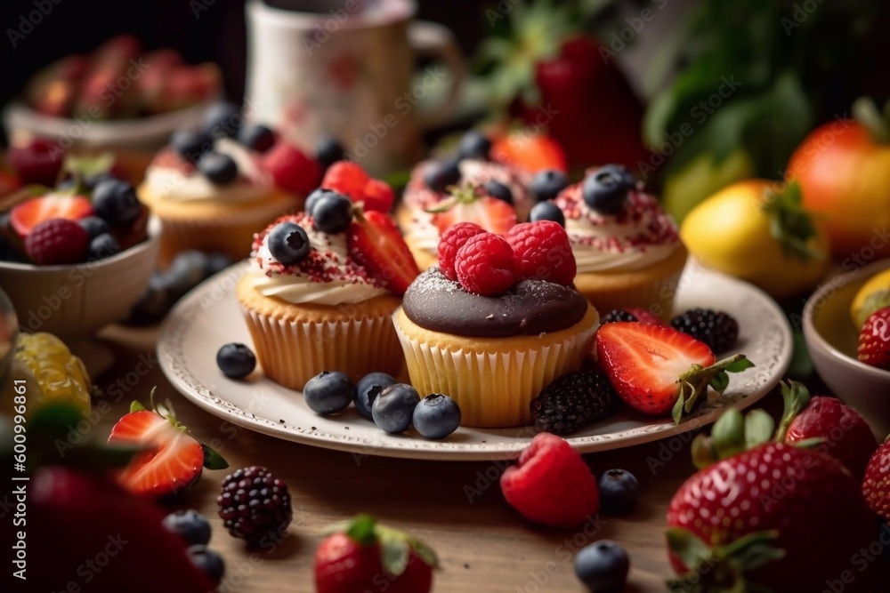Delicious cupcaked with fresh berries in plate on wooden table. AI generated