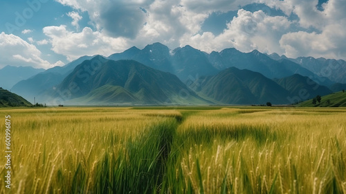 Golden Rice Fields Distant Tianshan Mountains Blue Sky and White Clouds Landscape AI Generative