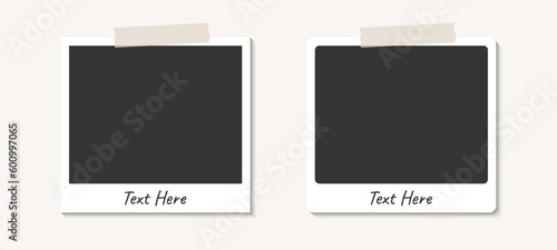 Rectangle polaroid photo frame mockup vector design template. Realistic framed photo curved corner with tape