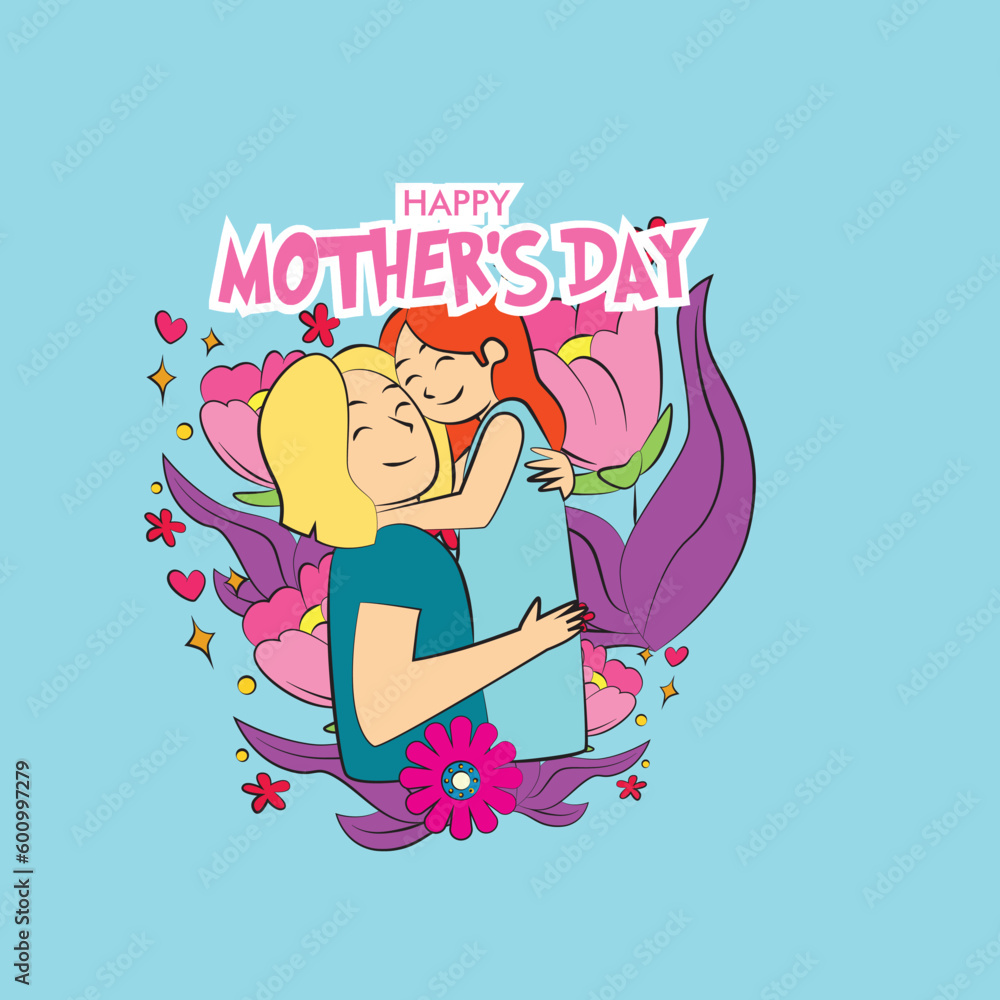 mother's day illustration with mom hug baby and floral frame mother's day illustration with mom hug baby and floral frame