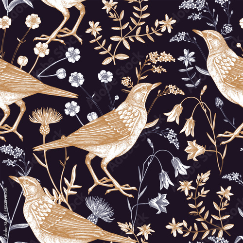 Summer background. Floral seamless pattern. Wildflowers and birds vector illustration in sketch style. Perfect for textile, wrapping paper, packaging, fabrics.