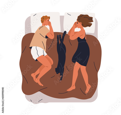 Love couple, pet owners sleeping with cute cat. Family with kitty lying toget...