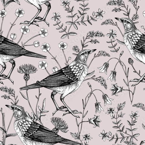 Summer background. Floral seamless pattern. Wildflowers and birds vector illustration in sketch style. Perfect for textile, wrapping paper, packaging, fabrics.