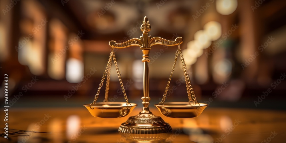 Scales of justice, Symbol of justice in the courtroom background. Generative AI